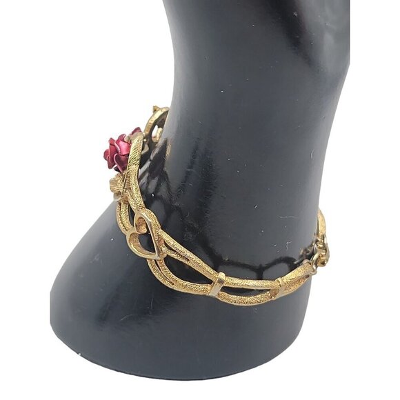 The Art of Beauty Cuff Bangle Bracelet Double Red Rose Buds Gold Tone Size 7 - Picture 5 of 16